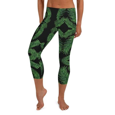 1 Green Palm Leaf Capri Leggings Womens Tropical Leaves Womens Tights Heidi Kimura Art