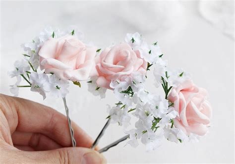 Babys Breath And Pink Rose Bobby Pins Rustic Chic Hair Etsy