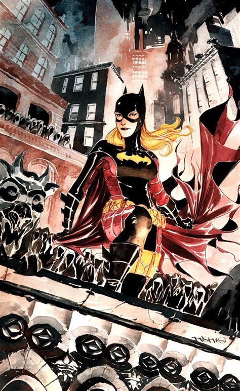 A Painting Of A Woman Dressed As Batgirl Sitting On A Ledge In The City