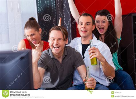 Friends Watching Exciting Game At Tv Stock Photo Image Of Soccer