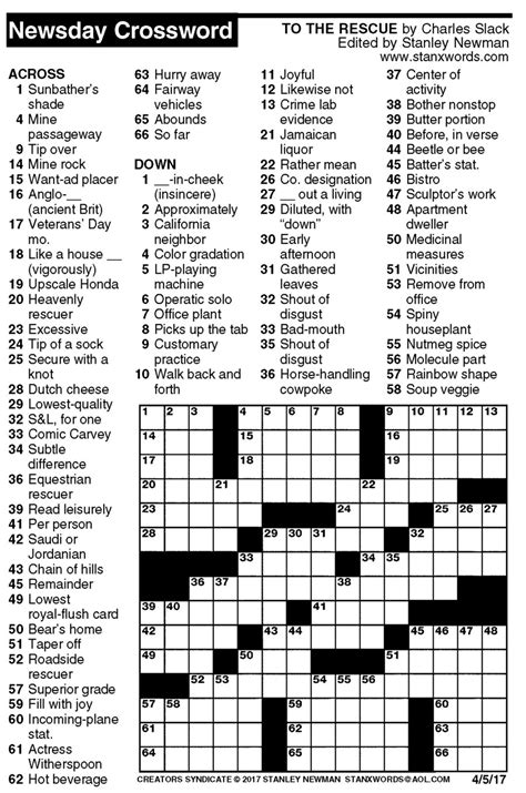 We provide aggregated results from multiple sources and sorted by user interest. Newsday Crossword Puzzle for Apr 05, 2017, by Stanley Newman | Creators Syndicate