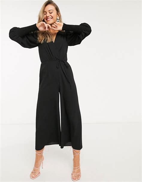 Asos Design Wrap Shirred Sleeve Jumpsuit In Black Asos