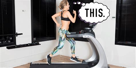 a woman running on a treadmill with an thought bubble above her head that says this