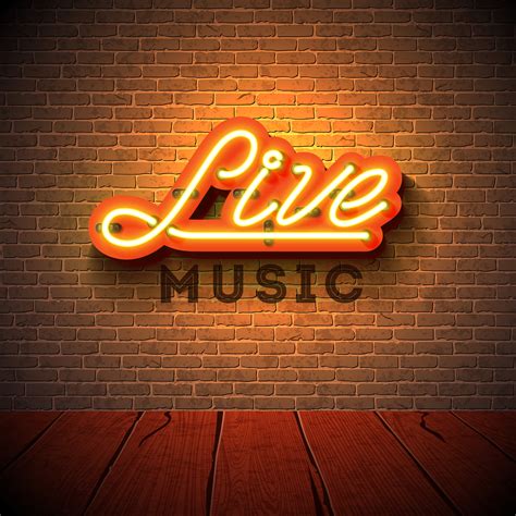 Live Music Neon Sign With 3d Signboard Letter On Brick Wall Background