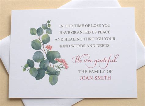 Personalized Funeral Thank You Cards With Eucalyptus And Pink Flowers