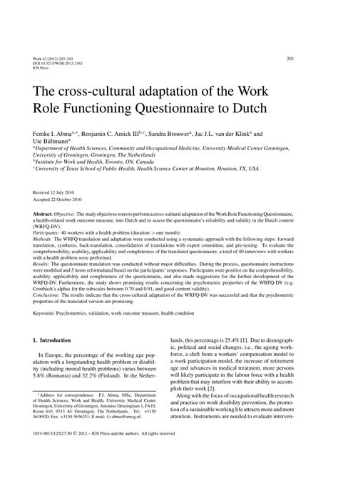 Pdf The Cross Cultural Adaptation Of The Work Role Functioning