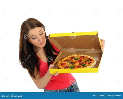 Pretty Casual Girl With Pizza In Delivery Box Stock Image Image Of
