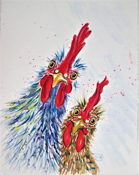 Funky Chickens Digital Download Rooster Artwork Watercolour Etsy