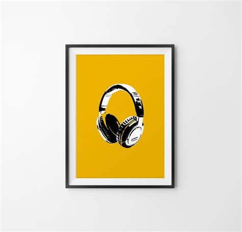Headphone Art on Yellow Background, Headphone Wall Art, Headphone Wall Decor, Headphone Prints ...