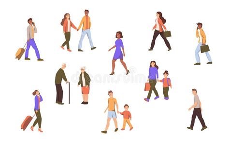 Set Characters People Walk Down The Street Stock Vector Illustration