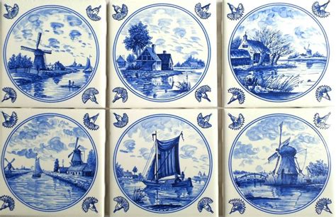 Blue Nautical Delft Ceramic Tile Set Of 6 425 X 425 Wind Mills