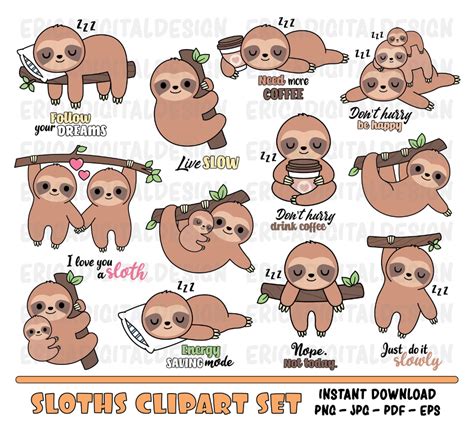 Sloth Clipart Cute Sleeping Sloths Clip Art Kawaii Hanging Sloth Baby