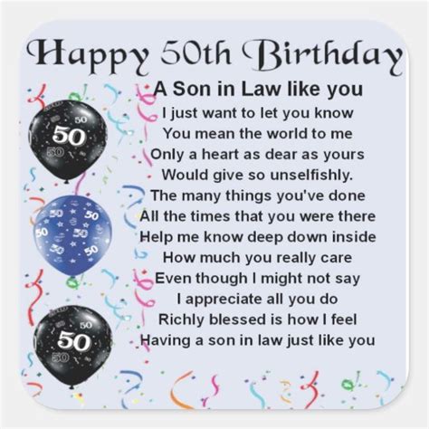 Son In Law Poem 50th Birthday Design Square Sticker