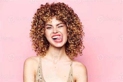 Woman A Grimace Licks The Curly Hair Models Lip Bright Makeup 22458086