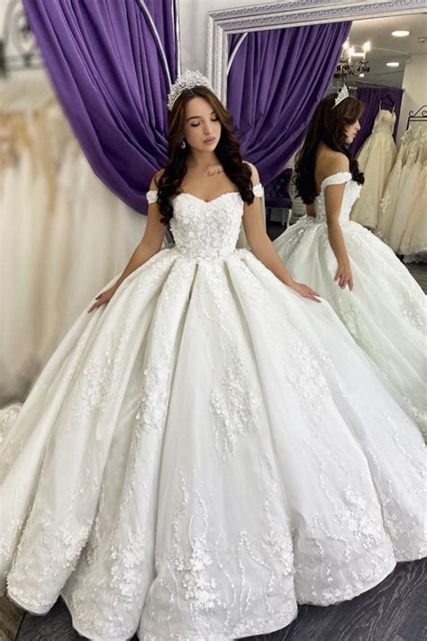Princess Floral Lace Ball Gown Wedding Dress Off The Shoulder