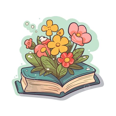 평평한 스타일로 꽃이 있는 오래된 책 벡터 고립 된 꽃과 만화 책 스티커 디자인 상표 Png 일러스트 및 벡터 에 대한