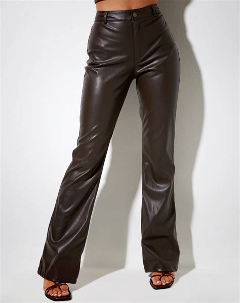 Zoven Trouser In Pu Dark Chocolate Brown Leather Pants Brown Flares