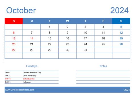 Oct 2024 Holiday Calendar Monthly Calendar