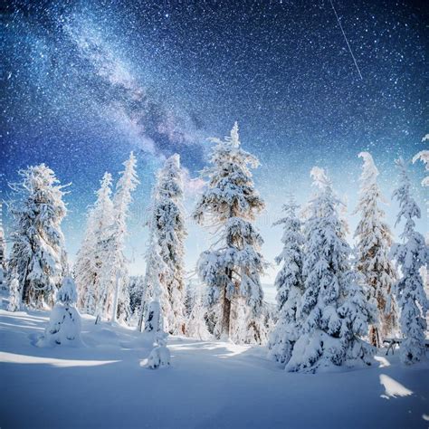 Starry Sky In Winter Snowy Night Fantastic Milky Way In The New Year`s