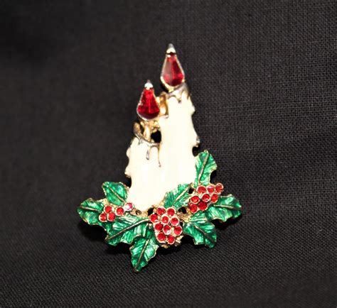 vintage christmas brooch candles nestled in holly christmas brooch holiday brooch