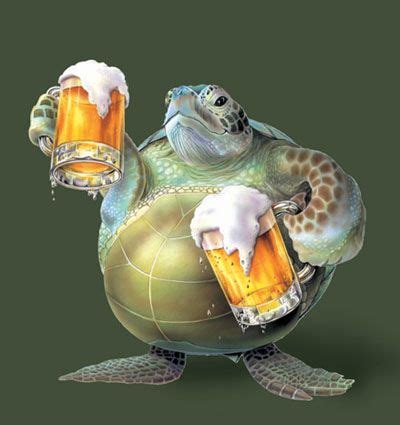 A Turtle Holding Two Mugs Of Beer While Sitting On Top Of A Turtle S Back