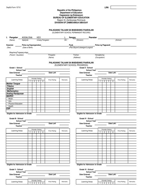 Deped Form 137 E 1 Pdf Philippines Further Education
