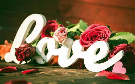 Download Wallpapers Flowers Heart Word Love Valentine Typography