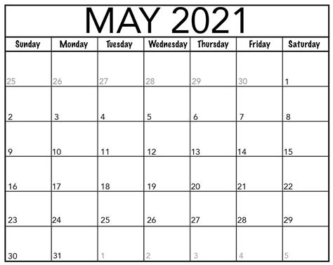 Online Monthly Blank May 2021 Calendar Template To Print