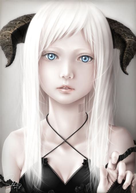 Anime Girl Blue Eyes Horns Long Hair White Hair Wallpaper 2120x3000