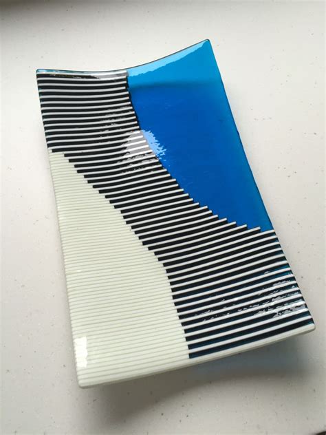 Fused Glass Vanilla And Sky Blue Strip Construction Dish Fused Glass Artwork Fused Glass