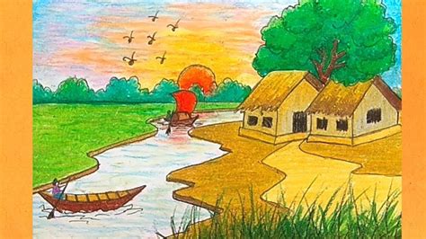 How to draw scenery of village market, village market drawing, drawing village market, how to draw b. How To Draw Riverside Village Scenery Drawing Scenery ...