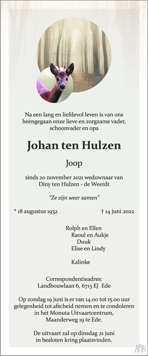 Joop Johan Ten Hulzen 14 06 2022 Overlijdensbericht En Condoleances