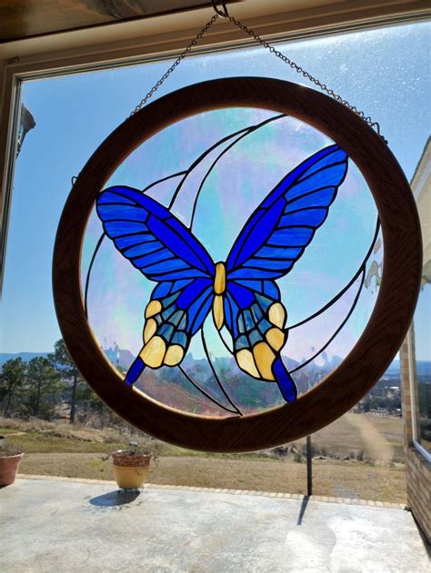 Blue Butterfly Round Lindas Stained Glass Stained Glass Butterfly