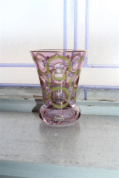 Vintage Pink Crystal Vase Avitra Austrian With Enameling