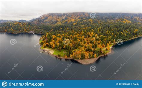 Aerial Panorama Photo Of Cultus Lake During Autumn When The Fall