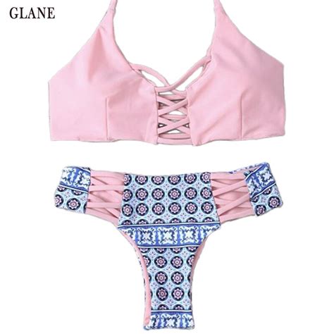 Sexy Women Pink Bandage V Neck Print Bikinis Net Push Up Bikini Set Padded Bandage Swimsuit