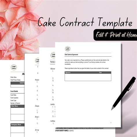 Cake Contract Template | Cake Order Forms | Birthday Cake Instructions