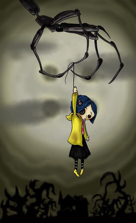 coraline doll dangling over the house in front of the moon coraline doll coraline art coraline