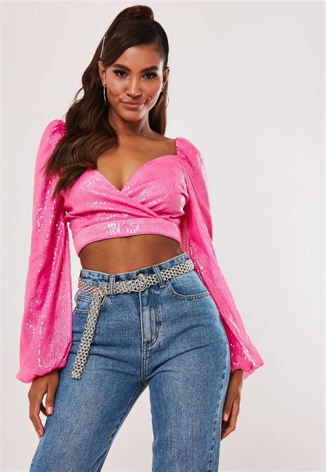 Pink Sequin Puff Sleeve Milkmaid Crop Top Missguided