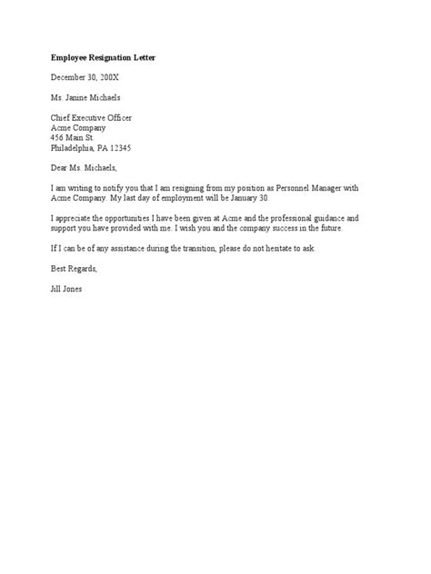 Employee Resignation Letter Pdf