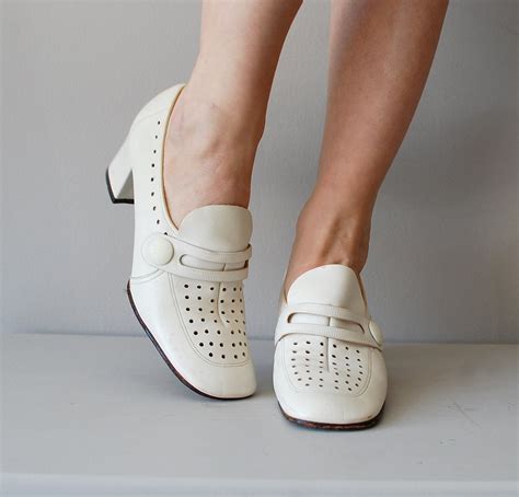 1960s Shoes Mod 60s Shoes White Loafer Heels Miss