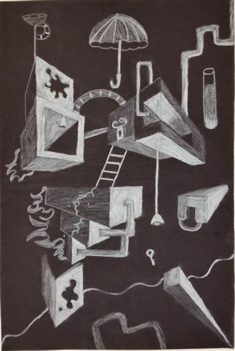 A Black And White Drawing With An Umbrella Above It Some Objects