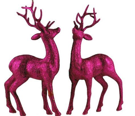 Set Of 2 Pink Glitter Reindeer Figurines Christmas Decorations Ornaments Purple Christmas