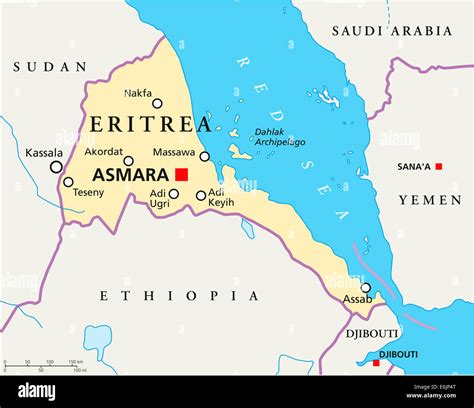 Eritrea Political Map With Capital Asmara National Borders Most Important Cities Rivers And