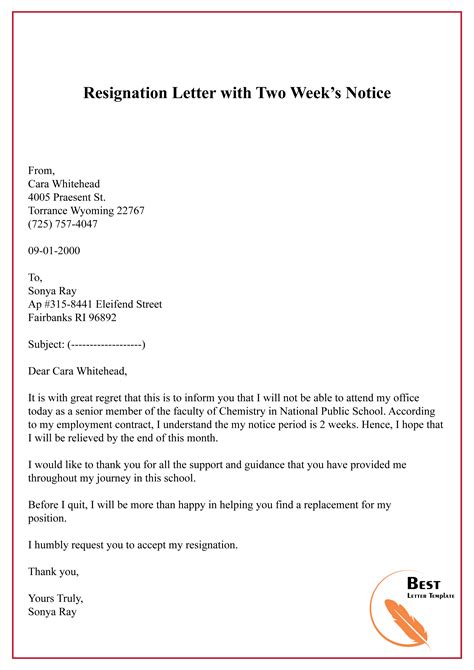 Free Two Weeks Notice Letter Template Free Templates