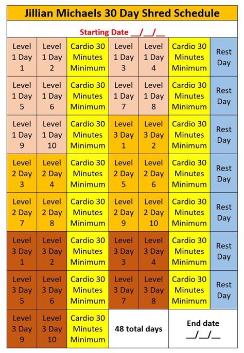 The Ultimate 30 Day Shred Schedule Is Shown In Red And Yellow With