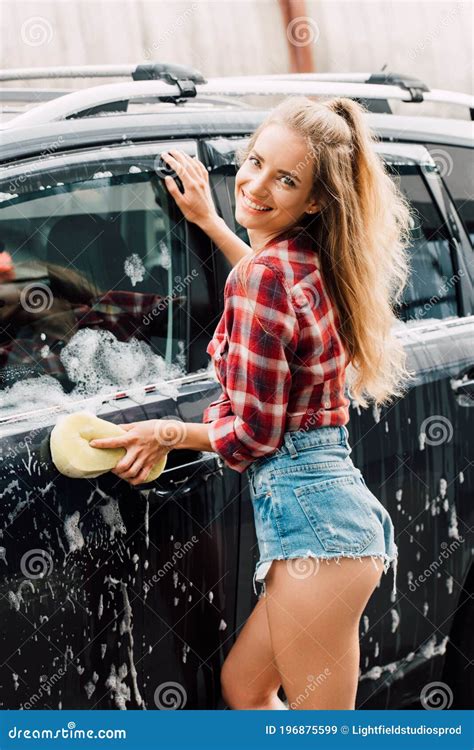 Girl Smiling While Washing Wet Car With Foam Stock Image Image Of Sponge Positive