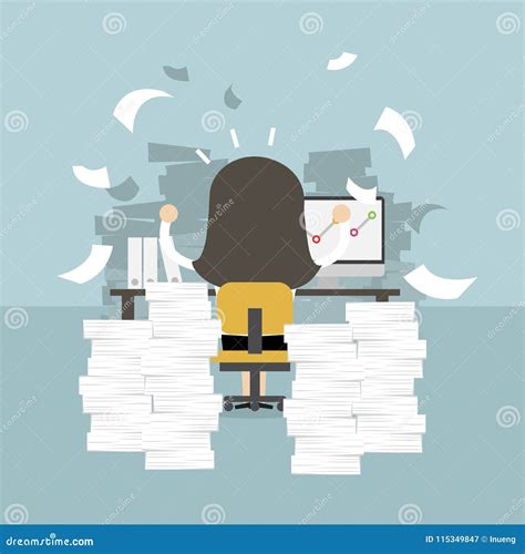 Businesswoman Very Busy On Office Table Work Hard Concept Stock Vector
