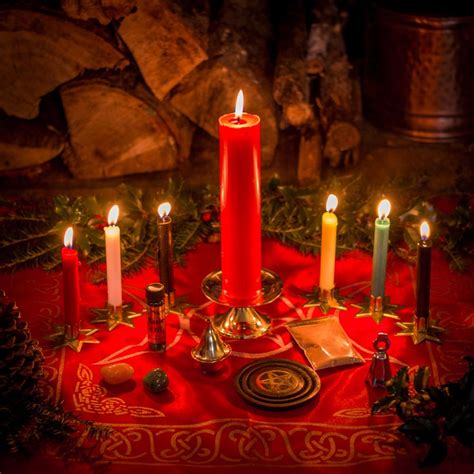 Yule Candle Lighting Ceremony Have One Large Red Candle And Smaller