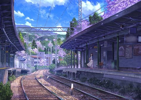 Anime Train Station Railway Train Birds Skyscraper Wa